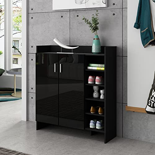 Schuhschrank Flurmöbel 2 Türen mit 4 Verstellbaren Einlegeböden Moderner Hochglanz Schrank Schuhregal Ständer Organizer, Schwarz