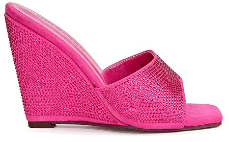 Womens Wedge Heel Sandals Ladies Sparkly Diamante Slip On Square Toe Muled Shoes Size 3-8