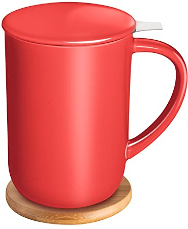 CEEFU Porzellan-Teetasse mit Deckel, Teegeschirr mit Filter und Untersetzer, lose Blätter, Teetasse, Steeper Maker, 473 ml für Tee, Kaffee, Milch, Frauen, Büro, Zuhause, Geschenk (rot)