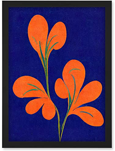 Doppelganger33 LTD Henri Matisse Inspired Bright Abstract Orange Flower Blooms On Royal Blue Artwork Framed Wall Art Print A4