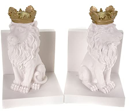 Kremers Schatzkiste 2er Set Alabaster Löwenkönige Buchstützen Krone 18 cm weiß/Gold Löwe Lion Raubtier