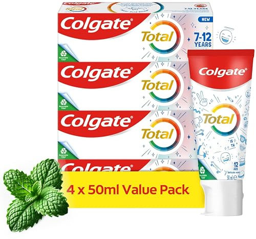 Colgate Total Toothpaste for Kids 7-12 Years - 4 Pack 50ml Tubes - Whole Mouth Protection - Mild Mint Flavour - Fluoride Toothpaste
