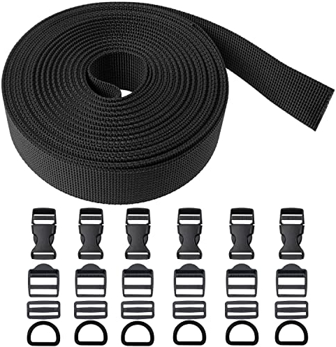 Gurtband Set mit Schnallen, 6 Meter Länge, 25 mm Breite, 1,2 mm Stärke, tiefschwarzes Gurt Band, PET Material, reißfeste + belastbare Strap, je 6 x 25 mm D-Ring, Steck-, Leiter- und Stegschnallen