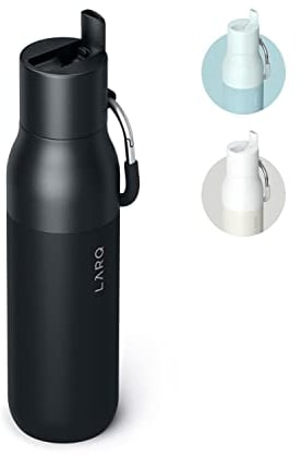 LARQ Flip Top 740ml – Isolierte Edelstahl-Thermoflasche mit Doppelwandige Isolierung | Klappdeckel mit Strohhalm | Silikonbeschichteter Karabiner | BPA-frei, Obsidian Black