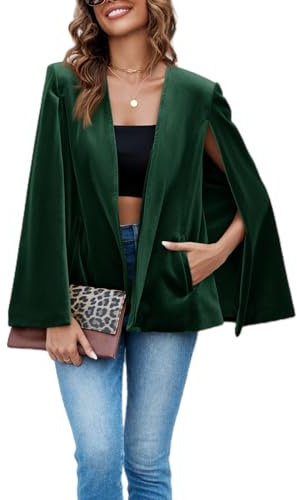 Cicy Bell Women's Velvet Cape Blazer Jackets Casual Split Long Sleeve Open Front Coat, Dark Green, XL