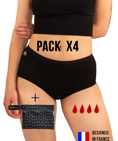 Cool Period 4er-Pack Bio-Menstruationsunterhosen Ultra saugfähig aus Baumwolle mit ökologischem wasserdichtem Beutel, für Menstruation und Harninkontinenz, französische Marke, Schwarz, Größe S