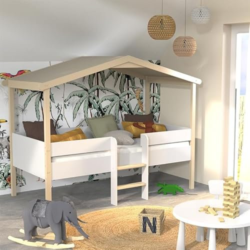 Lit cabane mi-hauteur 90x190 sommier inclus Kayla - Bois et Blanc