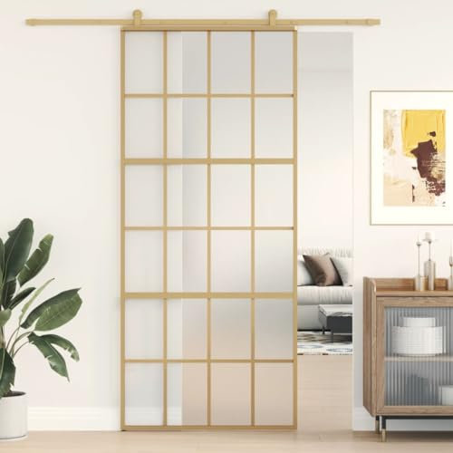 Gecheer Porta,Scorrevole,Kit Montaggio,in Vetro ESG e Alluminio,Oro e Opaco,90x205 cm,Griglie 6x4,Porte Sorrevoli,Porta Scorrevole in Vetro e Alluminio