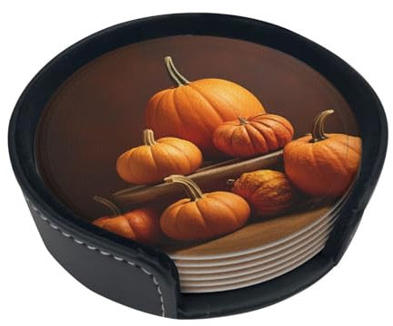 Lot de 6 sous-verres en cuir avec support en forme de citrouilles empilées pour la maison, le bureau, la cuisine