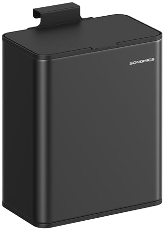 SONGMICS Mülleimer hängend, 8 L Komposteimer Küche, Stahl-Abfalleimer mit Deckel für Biomüll, mit Haken, an der Schranktür oder Wand, für Unterschrank Badezimmer, tintenschwarz LTB810B01