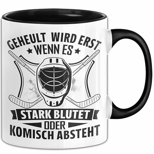 Trendation Geheult Wird Erst Wenn Es Stark Blutet Eishockey Tasse Geschenk Eishockey-Spieler Kaffee-Becher (Schwarz, 325 Milliliter)