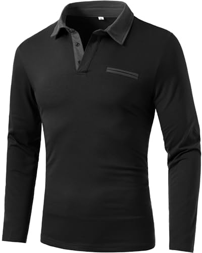 GLESTORE Poloshirt Herren Langarm Polo T Shirts Falsche Brusttasche Casual und Komfortabel Schwarz L