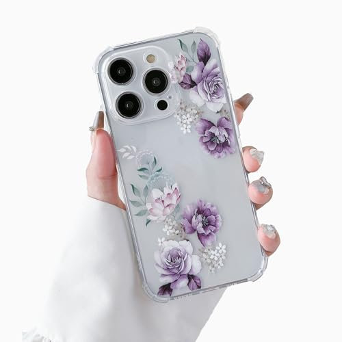 DEFBSC Compatible with iPhone 16 Pro Max Case, Clear Floral Flower Pattern Print Design for Girls Women Flexible Shockproof Soft TPU Bumper Protective Phone Case - Purple Peony
