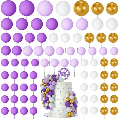 NACHLYNN 80 Pcs Cake Balls Decorations Mini Balloon Cake Topper Balls Foam Cupcake Toppers Balls for Cake Decorating Birthday Parties Weddings Anniversary (Purple Gold Series)