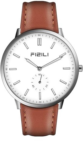 Ultradünne Herrenuhren, modische analoge Quarzuhr, wasserdicht, minimalistische Armbanduhr mit Leuchtskala und -zeigern, Lederarmband für Männer Braunem Weißes