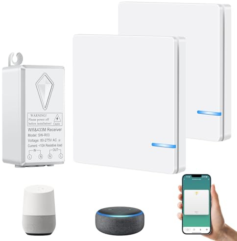 NineLeaf Smart Wireless Switch Kit, Mini-WiFi-Modul, Kompatibel mit Smart Life und Tuya App, Amazon Alexa, Google Home Sprachsteuerung, kabellos(2*Schalters 1*Empfänger)