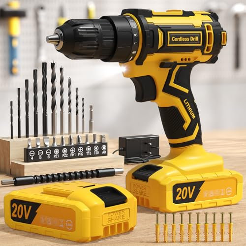 FAHEFANA Cordless Drill, 20V Power Drill with 25+1 Max 370 in-lb Torque, Electric Screwdriver Driver with Battery and Charger, 3/8 Keyless Chuck, 2000mAh Batteries Electric, 42Pcs Bits