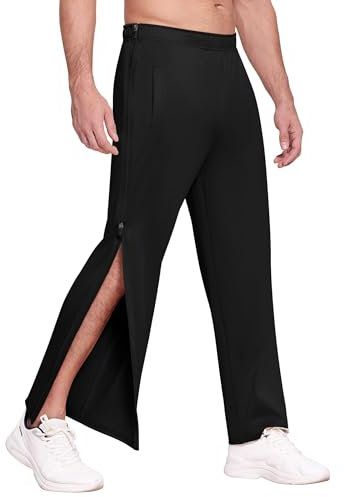 PINSPARK Reha Hose Herren Sporthose Trainingshose mit durchgehendem Reissverschluss Atmungsaktiv Weites Bein Sweathose Abreißhose Reines Schwarz L