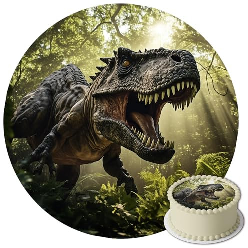 J&M DECO Tortenaufleger Dino – essbare Dinosaurier Tortendeko Ø 20 cm – farbenfrohes Tortenbild für Kindergeburtstag – gebrauchsfertig auf Zuckerpapier – Made in EU
