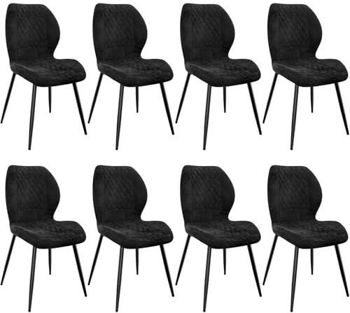 FRUOGO Esszimmerstühle 8er Set,Esszimmerstühle Modern,Küchenstuhl,mit Leinen Schwamm Kissen, Metallbeine und Diamant-Muster Gepolstert-Schwarz.