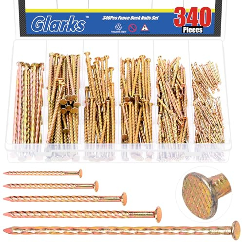Glarks 340pcs 40/60/80/100/150mm Zaun Deck Nägel Kit, Kohlenstoffstahl Spiral Shank Deck Nagel, Verzinkt verdrehte Nägel