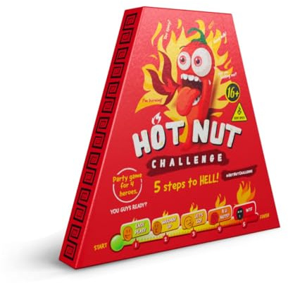 HOT CHIP HOT NUT Challenge – Das Scharfe Spiel mit Chilli Erdnüssen Mix, Sehr Scharf, Carolina Reaper, 5 Schärfegrade, Geschenkidee für Freunde, Extrem Scharfe Erdnüsse, Knabberei, Hot Nuts Mix, 24g