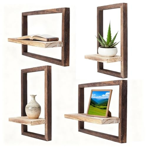 MUNGHOK 4er Set Wandregal Holz Wanddeko Wohnzimmer, Regal Wand Schweberegal, Wand Holzregal Hängend Hängeregale für Schlafzimmer, Wohnzimmer, Büro