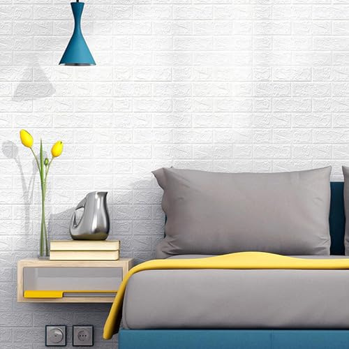 Tokenhigh 3D White Brick Wallpaper, Self Adhesive Wall Panels, 50cm x 10m Stone Look Brick Effect Wall Tiles, Peel and Stick Walls Cladding Decoration for Kitchen Bedroom Bathroom Living Room (10M)