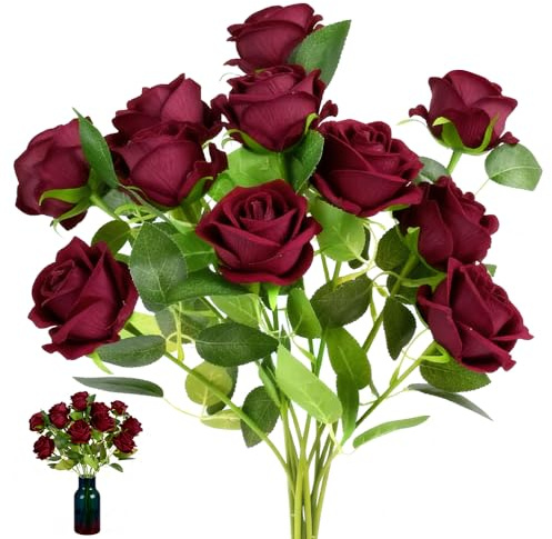 FuxFuis 14 PCS Roses Artificielles Rouges, Fleur Artificielle RoseS, Fausse Rose Rouge, Bouquet de Fleurs en Soie, Roses ArtificielLes en Soie Grande Tige pour Anniversaire Mariée Jardin