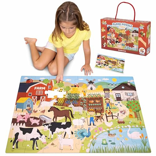 BONNYCO XXL Puzzle Kinder Bauernhoftiere mit 48 Große Teile. Bodenpuzzle XXL 92 x 62 cm als Geschenke für Kinder. Puzzel Lernspielzeug für Jungs und Mädchen 2-8 Jahre