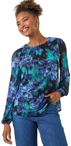 Roman Originals Floral Mesh Top for Women UK - Ladies Everyday Autumn Winter Round Neckline Comfy Soft Evening Vacation Work Party Night Out