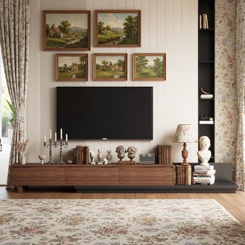 Cyclauricate Extendable TV Stand cabinet with 3 Drawers Modern Walnut Wooden Media Unit Entertainment Center for Living Room TV Console Table for up to 100 TVs (200-330cm Width)