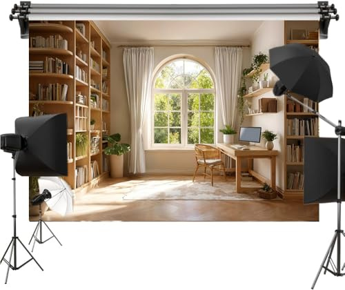 7x5FT Arched Window Office Polyester Backdrop with Natural Bookshelves and Sunlight, Cozy Home Library Photography Background for Zoom, Video Calls, Work from Home Studio