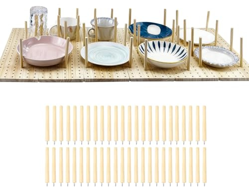 Aartner Wooden Plate Rack Pegboard Drawer Organizer Set,4/6-Piece-32/48 Pegs & Screws Included Adjustable Drawer Organizer for Dishes, Kitchen Pegboard for Food Containers (6 Set(43.3X15X1CM))