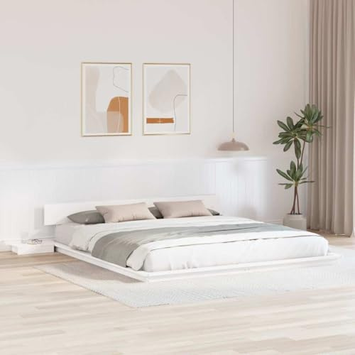 Runheo Bettgestell Weiß 200 x 200 cm Holz mit Nachttisch, Modernes Plattformbett für Schlafzimmer, Stabiler Holzrahmen