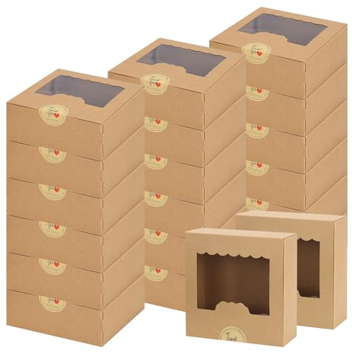 Pack of 20 Cookie Boxes with Viewing Window Cupcake Boxes Small Cake Boxes | 13.5×13.5×5cm Brown Kraft Paper Foldable Biscuit Boxes Cardboard Gift Boxes for Biscuits Desserts Confectionery Gifts