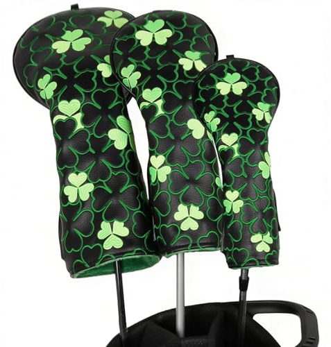 Set di 3 coperture per mazze da golf in legno, 1FH DR FW UT per driver Fairway Hybrid con chiusura elastica n. Tag, in pelle PU nera, ricamo con trifoglio verde fortunato