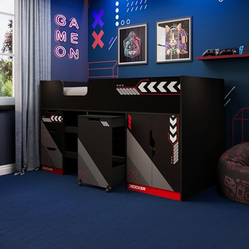 X-Rocker Octane 3ft Kids Cabin Bed Frame with Spacious Storage, Stylish Mid Sleeper Bed for Children with Gaming Desk, 3 Drawers with Slides, 2 Door Cupboard, Red, 90x190cm