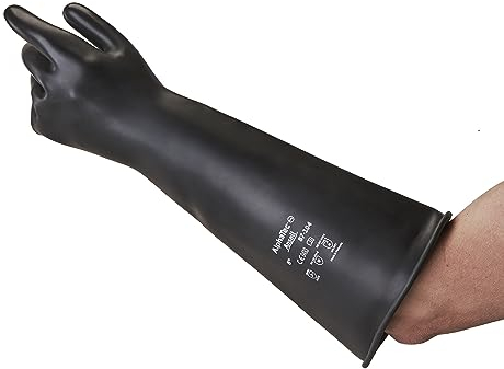 Ansell AlphaTec 87-104, Hochbelastbare Chemikalienschutzhandschuhe, 43cm Lange Stulpen, Strapazierfähige Schwarze Naturkautschuk- Latex Handschuhe für Industrie, Große Gummihandschuhe, 1 Paar, Gr. S