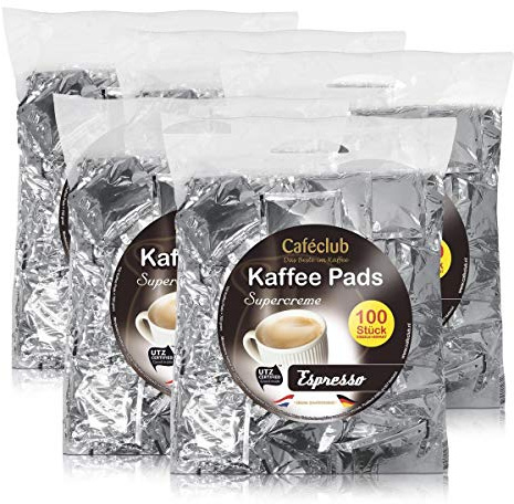 5x Cafeclub Espresso Kaffeepads Megabeutel je 100 stk. dunkle Röstung einzeln verpackt