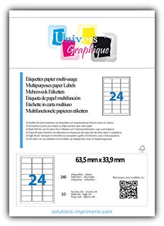 10 Bogen DIN A4 zu je 24 Etiketten (63,5 x 33,9 mm)= 240 bedruckbare Etiketten, permanent haftend, mattweiß. Kompatibel mit allen gängigen Drucksystemen und Softwareprogrammen (Code L7159)