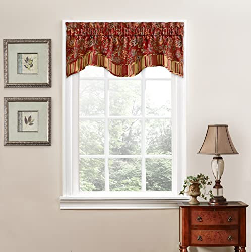 Waverly Navarra Farmhouse Scalloped Valance Rod Pocket Window Curtain for Kitchen or Bathroom, 52 x 16, Crimson