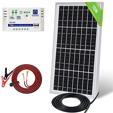 ECO-WORTHY 10 Watts 12 Volt Solar Trickle Charger Car Battery Maintainer Solar Panel Kit: 1pc 10W 12V Monocrystalline Solar Panel with 10A Charge Controller and Cables for 12 Volt Battery Motorhome