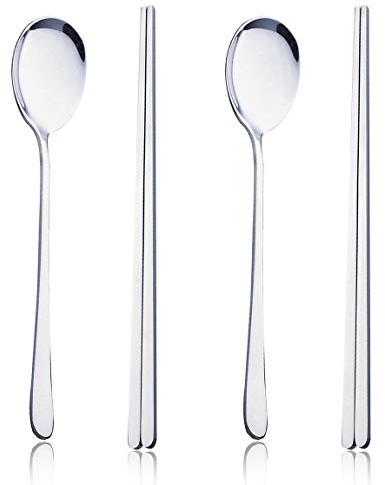 OMGard Lot de baguettes et cuillères japonaises coréennes en acier inoxydable 18/10 Argenté pour la maison, la cuisine, le restaurant, la vaisselle