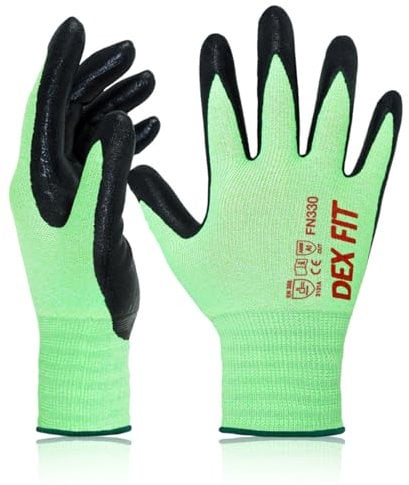 DEX FIT Guantes de Trabajo FN330, Ajuste Cómodo Elástico 3D, Buen Agarre, Recubrimiento de Espuma Duradero de Nitrilo, Táctil, Fino y Ligero, Lavable en la Lavadora, Verde 8 (M) 12 Pares