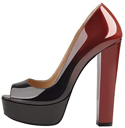 Only maker Damen Peeptoe High Heels Elegante Plateau Pumps Blockabsatz Lack Optik Schwarz-Rot Farbverlauf EU 44