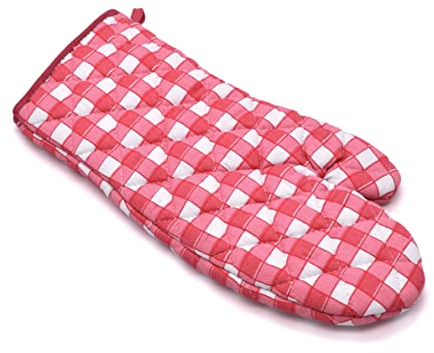 Pack of 2 Single Oven Glove Kitchen Accessory Gauntlet Mitts Gingham Check Non Slip for Grill/BBQ/Cooking/Baking (Pink)