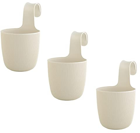 ENGELLAND 3 x Blumentopf zum Hängen, integriertes Drainagesystem, Farbe: Beige, Ø 15 cm, Pflanztopf-Kübel, Hängetopf, widerstandsfähig, rund, wetterfest, Kunststoff