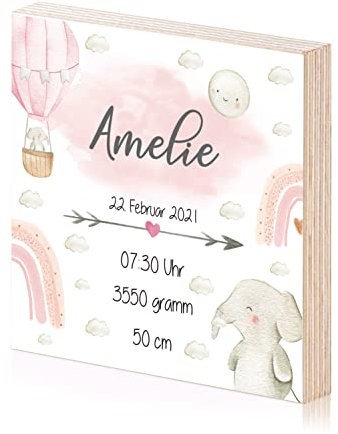 Holzbild personalisiert mit Namen und Geburtsdaten als Geschenk zur Geburt oder Taufe als Geburtsanzeige Geburtsbild Baby (MÄDCHEN, Elefant)