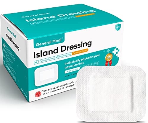 General Medi Steriler Inselverband mit umrandetem Blick - 100 Count, 6 x 7cm Gaze Pads, Wundversorgung Pad mit Kleberand - Sterile, weiche & hoch saugfähige medizinische Qualität Dressing Pad